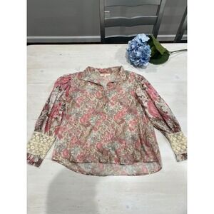 LoveShackFancy Brooke Floral lace Blouse button down Cuff Long Sleeve Top XS